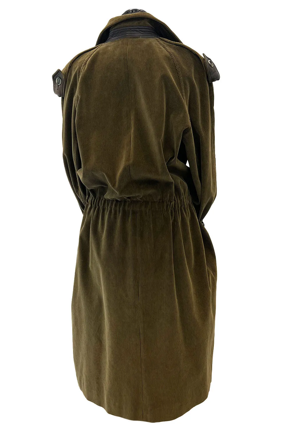 Documented Fall 1978 Yves Saint Laurent Slouchy Olive Corduroy 'Trench' Coat w Leather Trim