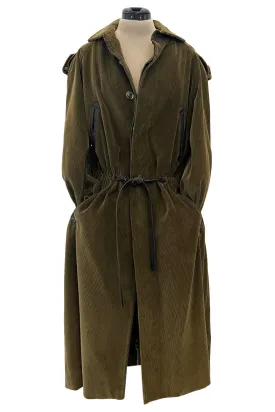 Documented Fall 1978 Yves Saint Laurent Slouchy Olive Corduroy 'Trench' Coat w Leather Trim