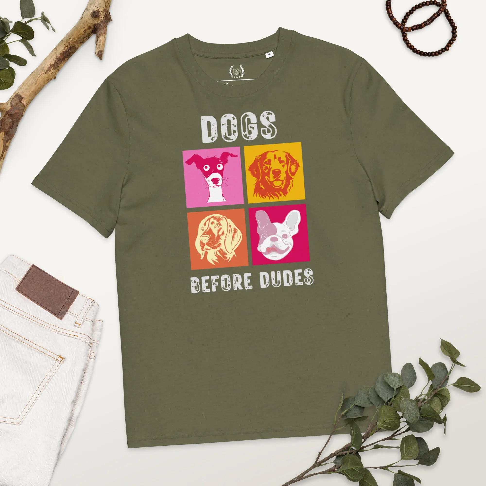 Dog T-Shirt - 'Dogs Before Dudes' Quote, Eco-Friendly, vegan Pet Lover Tee