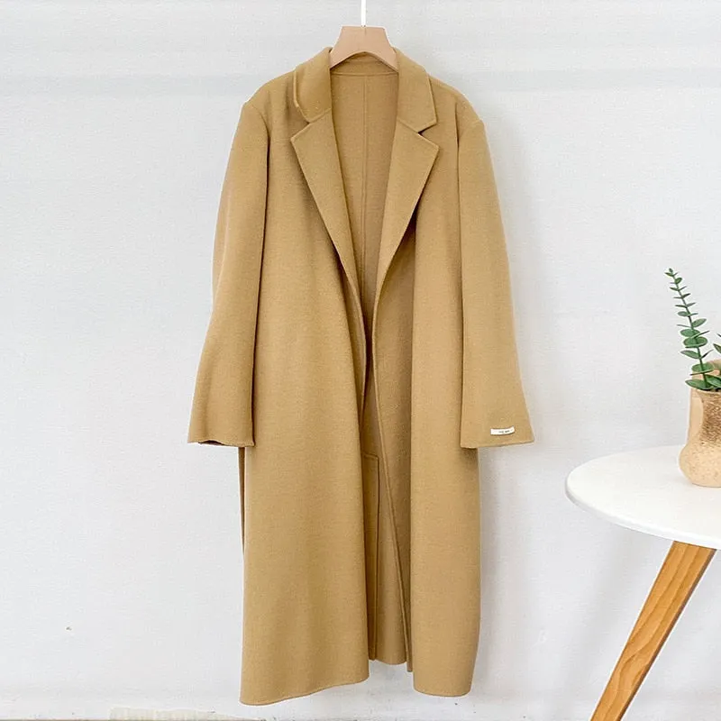 Elegant Maxi Long Wool Plain Belt Double-face Jacket