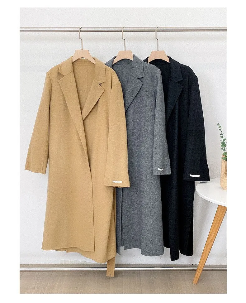 Elegant Maxi Long Wool Plain Belt Double-face Jacket