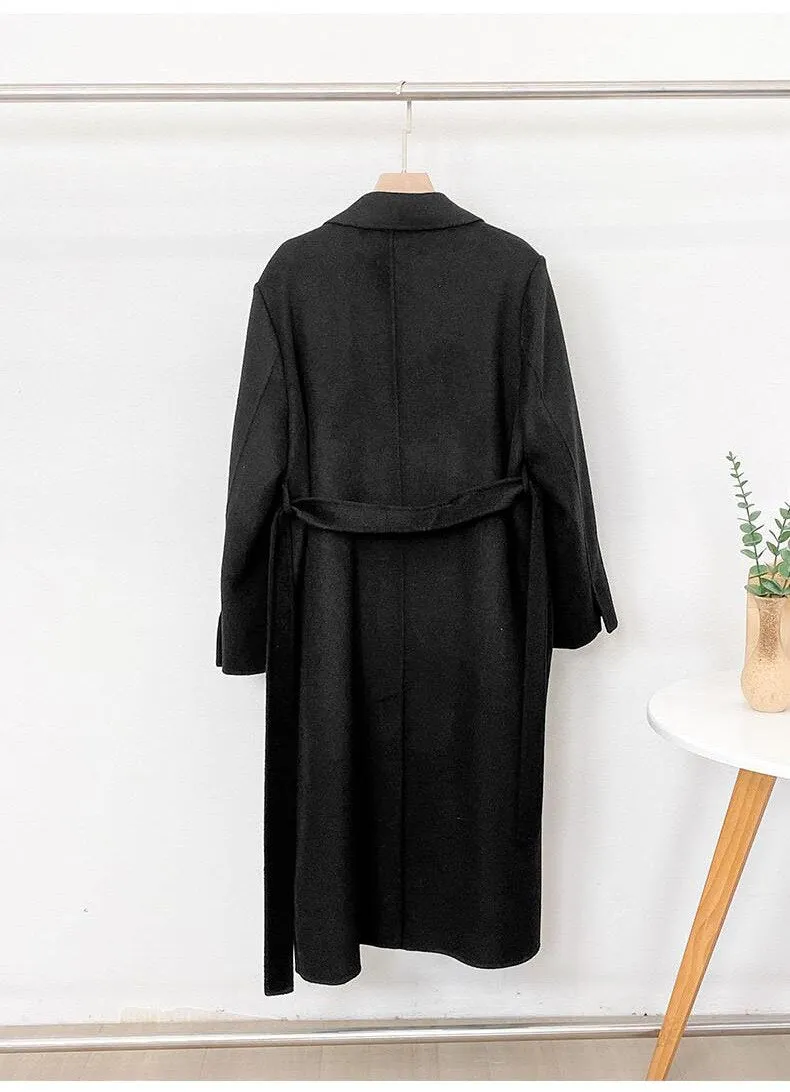 Elegant Maxi Long Wool Plain Belt Double-face Jacket