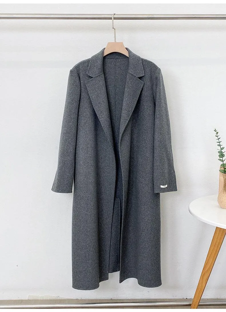 Elegant Maxi Long Wool Plain Belt Double-face Jacket