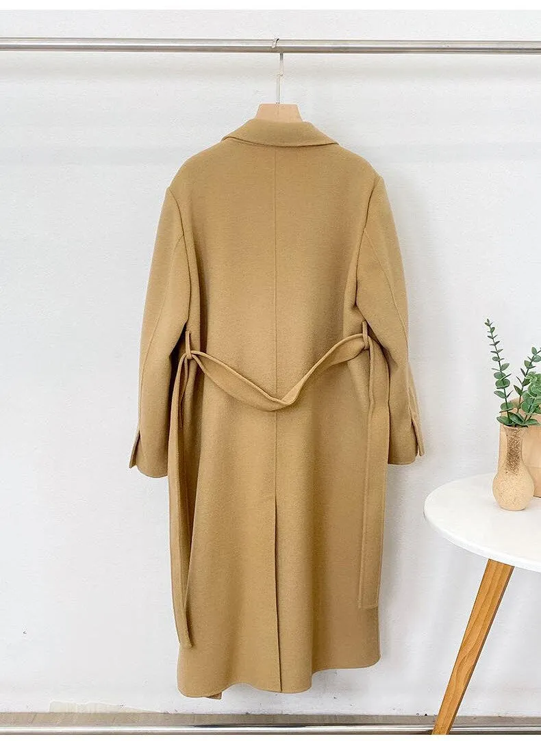 Elegant Maxi Long Wool Plain Belt Double-face Jacket