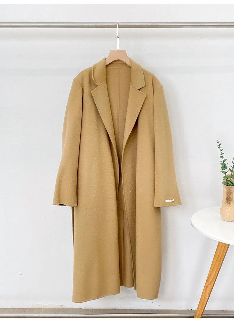 Elegant Maxi Long Wool Plain Belt Double-face Jacket