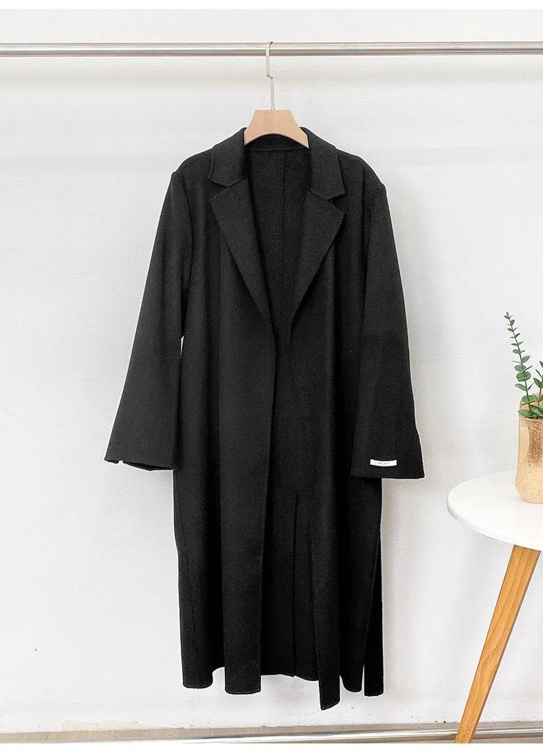 Elegant Maxi Long Wool Plain Belt Double-face Jacket