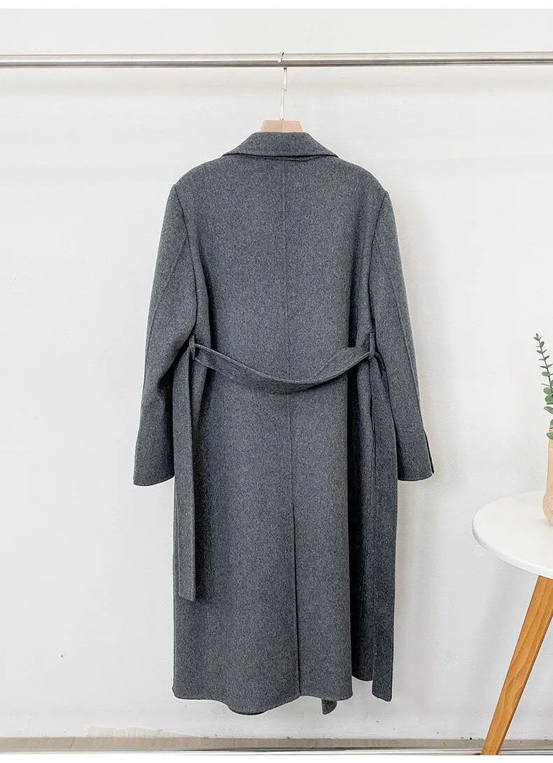 Elegant Maxi Long Wool Plain Belt Double-face Jacket