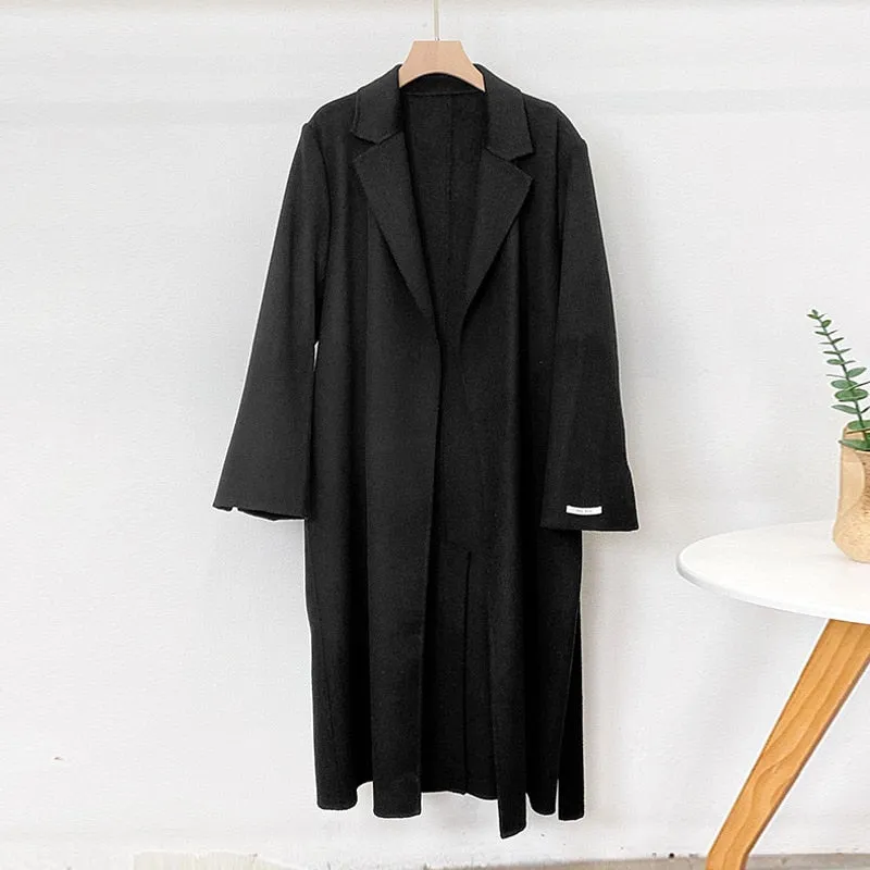 Elegant Maxi Long Wool Plain Belt Double-face Jacket