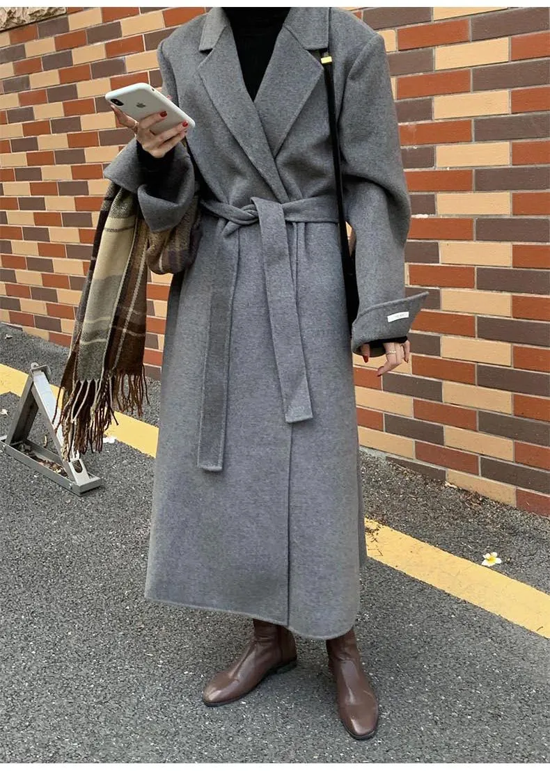 Elegant Maxi Long Wool Plain Belt Double-face Jacket