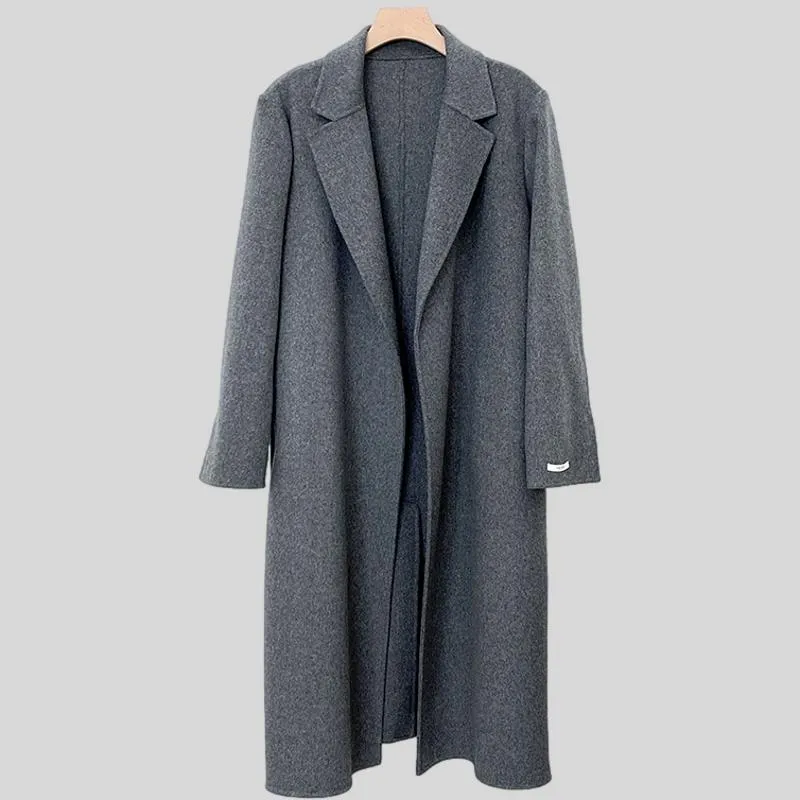 Elegant Maxi Long Wool Plain Belt Double-face Jacket