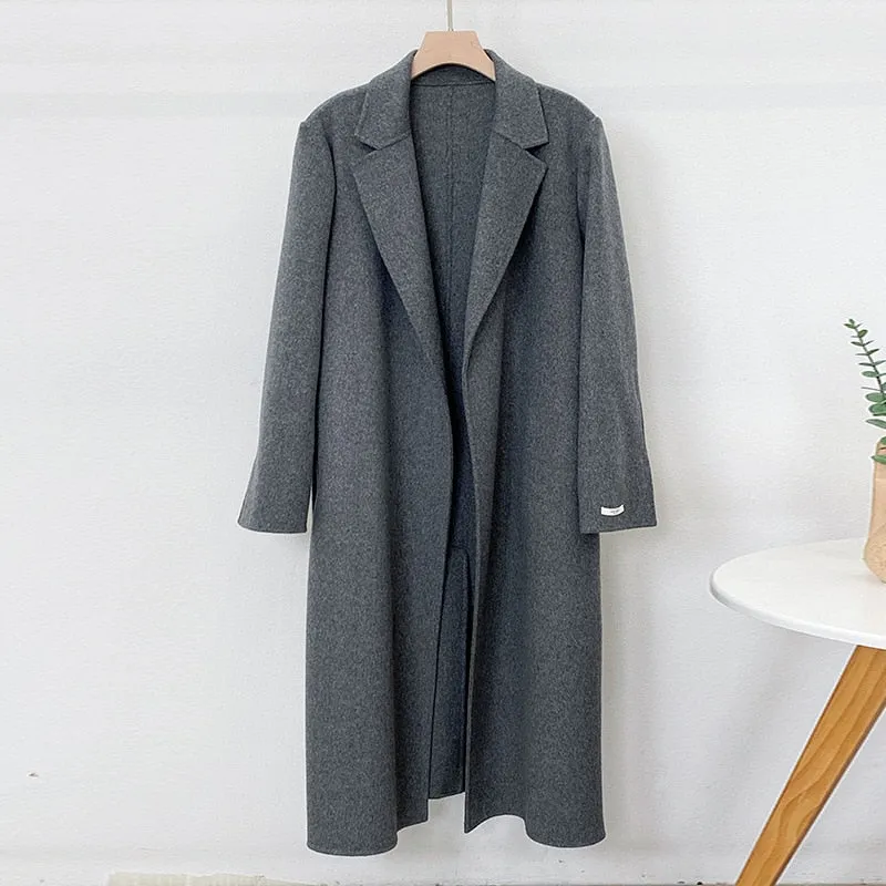 Elegant Maxi Long Wool Plain Belt Double-face Jacket