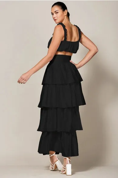 Endless Blu Tiered Black Satin Maxi Skirt