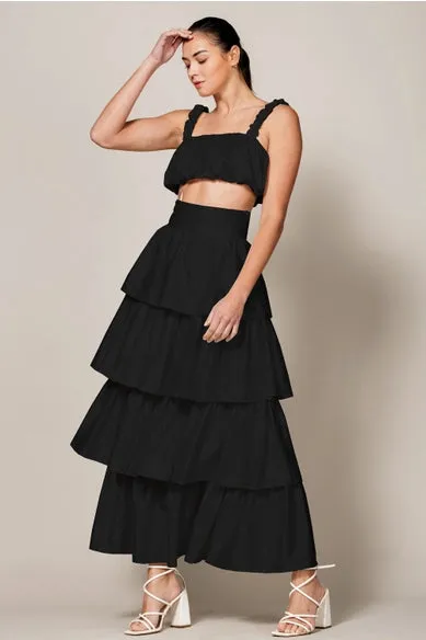 Endless Blu Tiered Black Satin Maxi Skirt