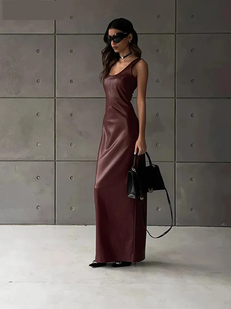 Faux Leather Evening Maxi Dress – Perfect for Fall Parties