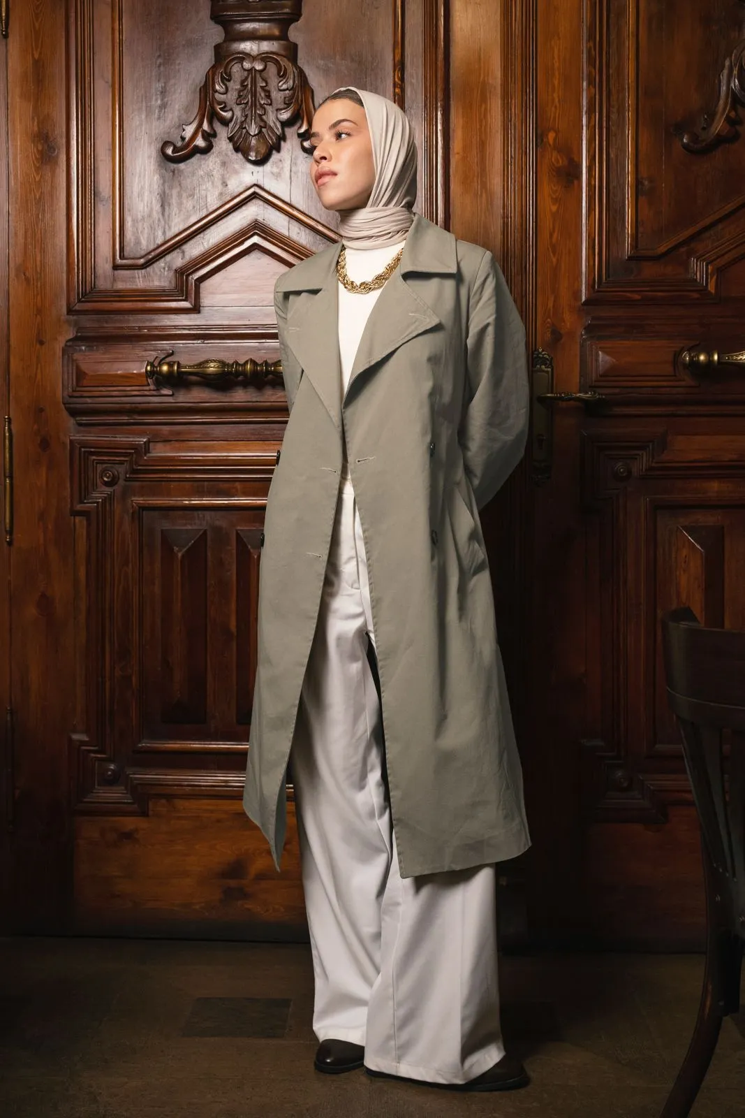 GABARDINE TRENCH COAT -OLIVE