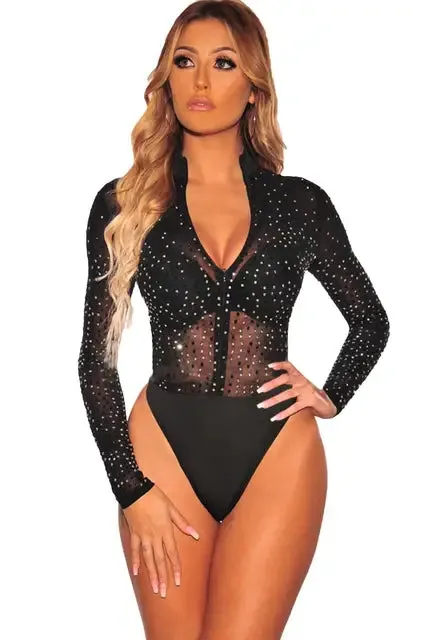 Glamorous Sheer Rhinestone Long Sleeve Black Bodysuit