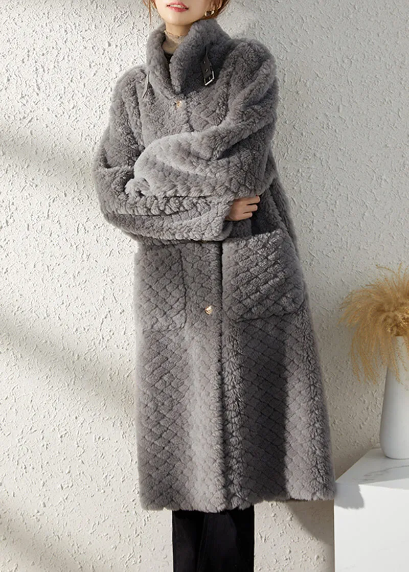 Gray Single Breasted Wool Fleece Long Coat