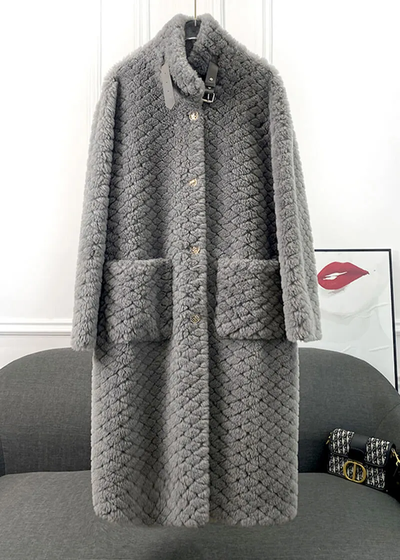 Gray Single Breasted Wool Fleece Long Coat