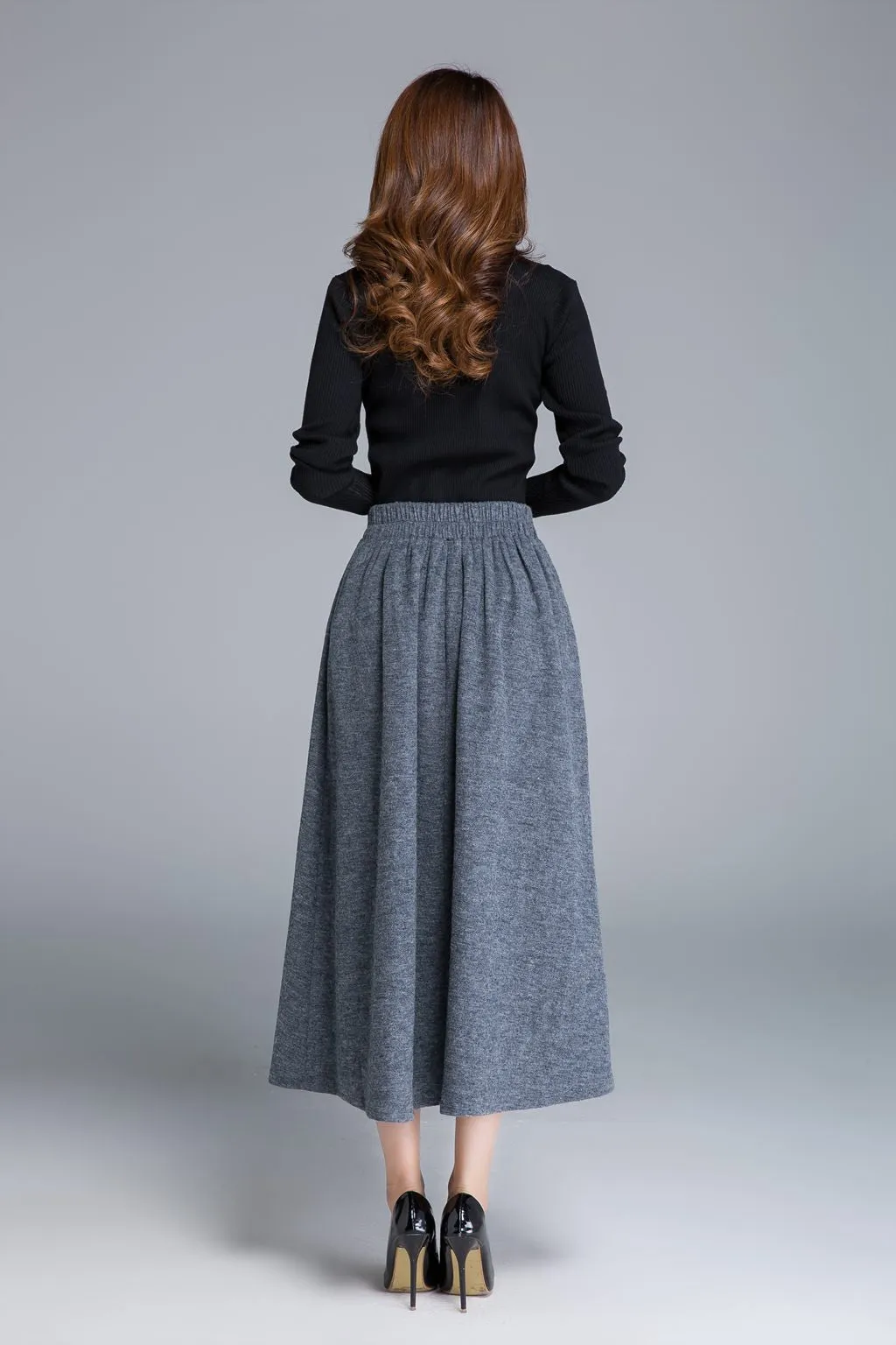 grey skirt, wool skirt, button skirt, midi skirt 1676