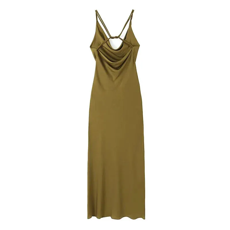 Hnzxzm Sexy Women Olive Green Backless Swinging Collar Satin Slip Dress