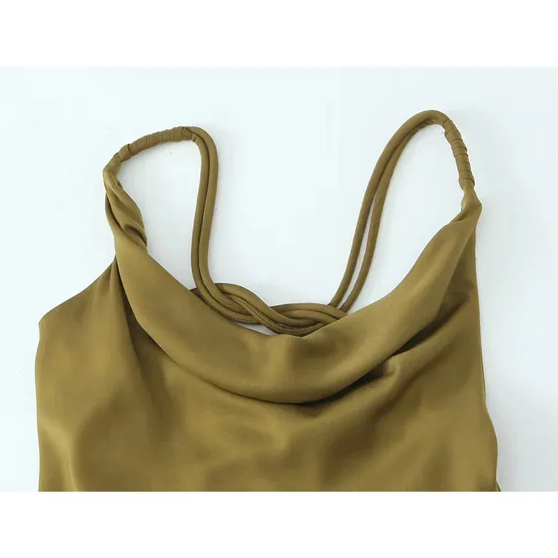 Hnzxzm Sexy Women Olive Green Backless Swinging Collar Satin Slip Dress