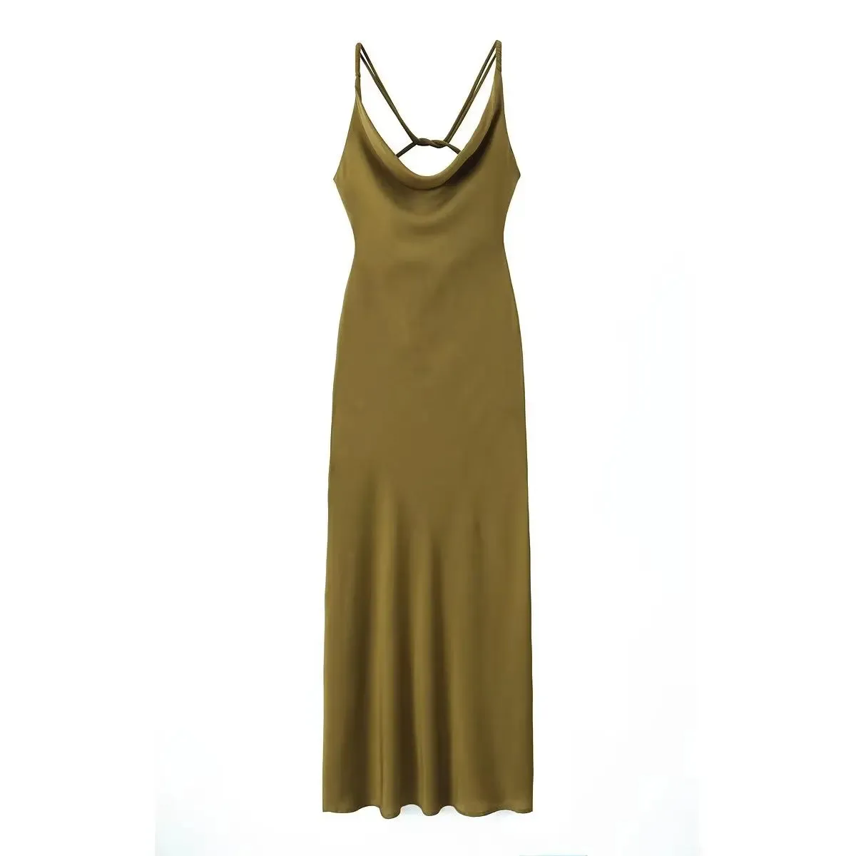 Hnzxzm Sexy Women Olive Green Backless Swinging Collar Satin Slip Dress