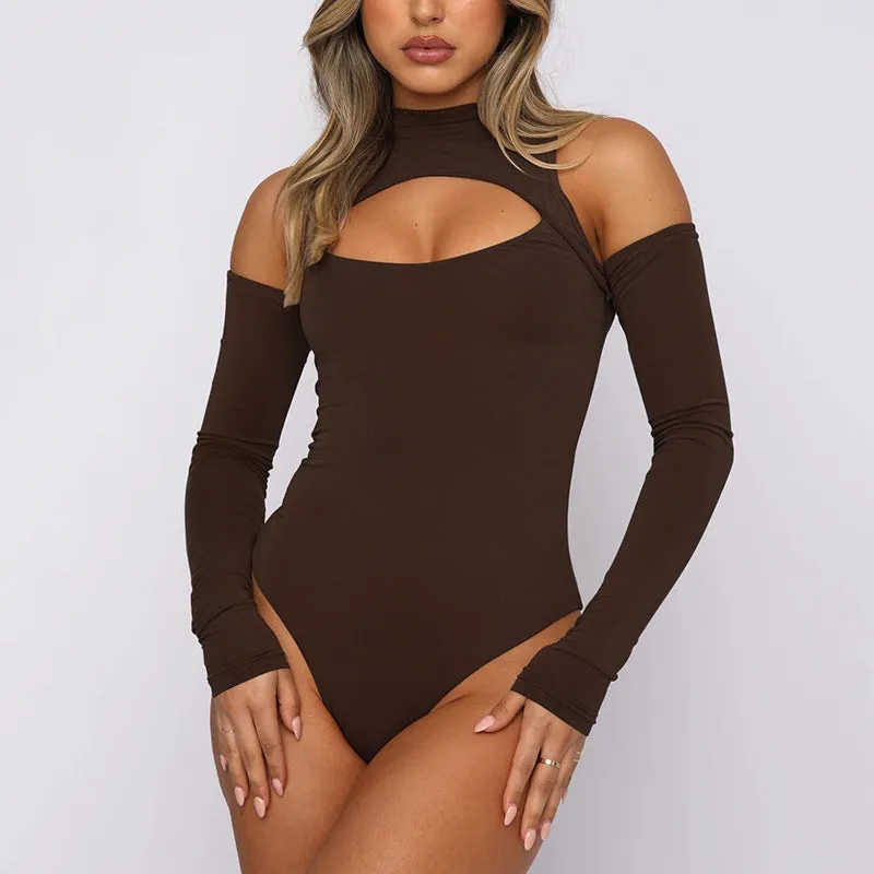 Hollow Out Base Shirt with Half High Collar Long Sleeves and Open Back Shoulder Bodysuit