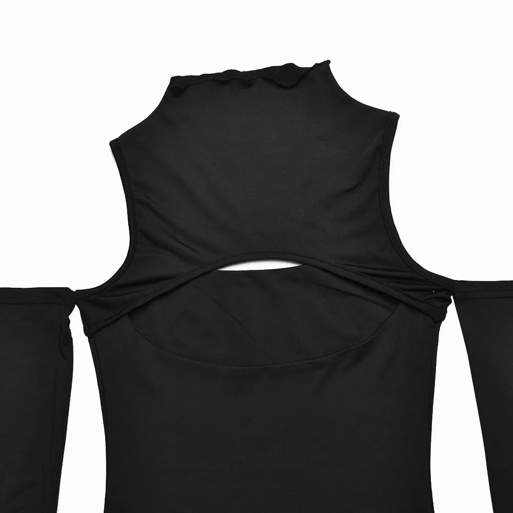 Hollow Out Base Shirt with Half High Collar Long Sleeves and Open Back Shoulder Bodysuit