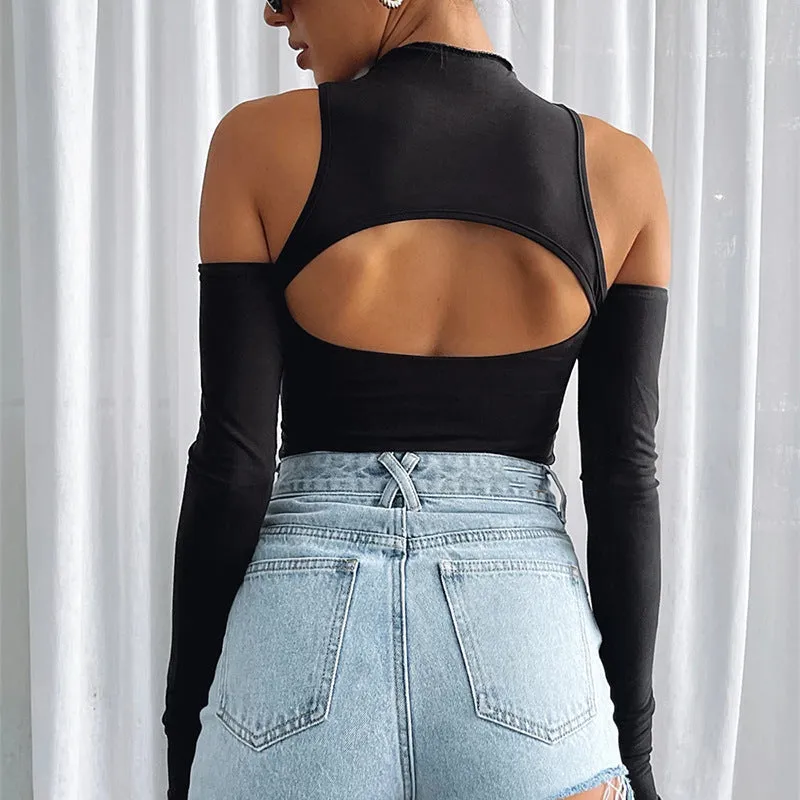 Hollow Out Base Shirt with Half High Collar Long Sleeves and Open Back Shoulder Bodysuit