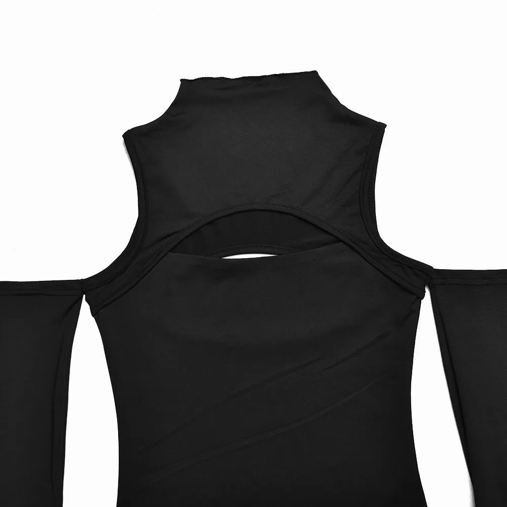 Hollow Out Base Shirt with Half High Collar Long Sleeves and Open Back Shoulder Bodysuit