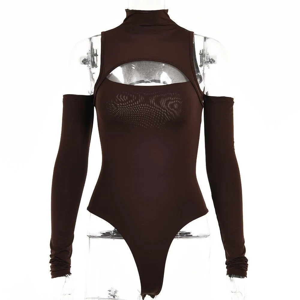 Hollow Out Base Shirt with Half High Collar Long Sleeves and Open Back Shoulder Bodysuit