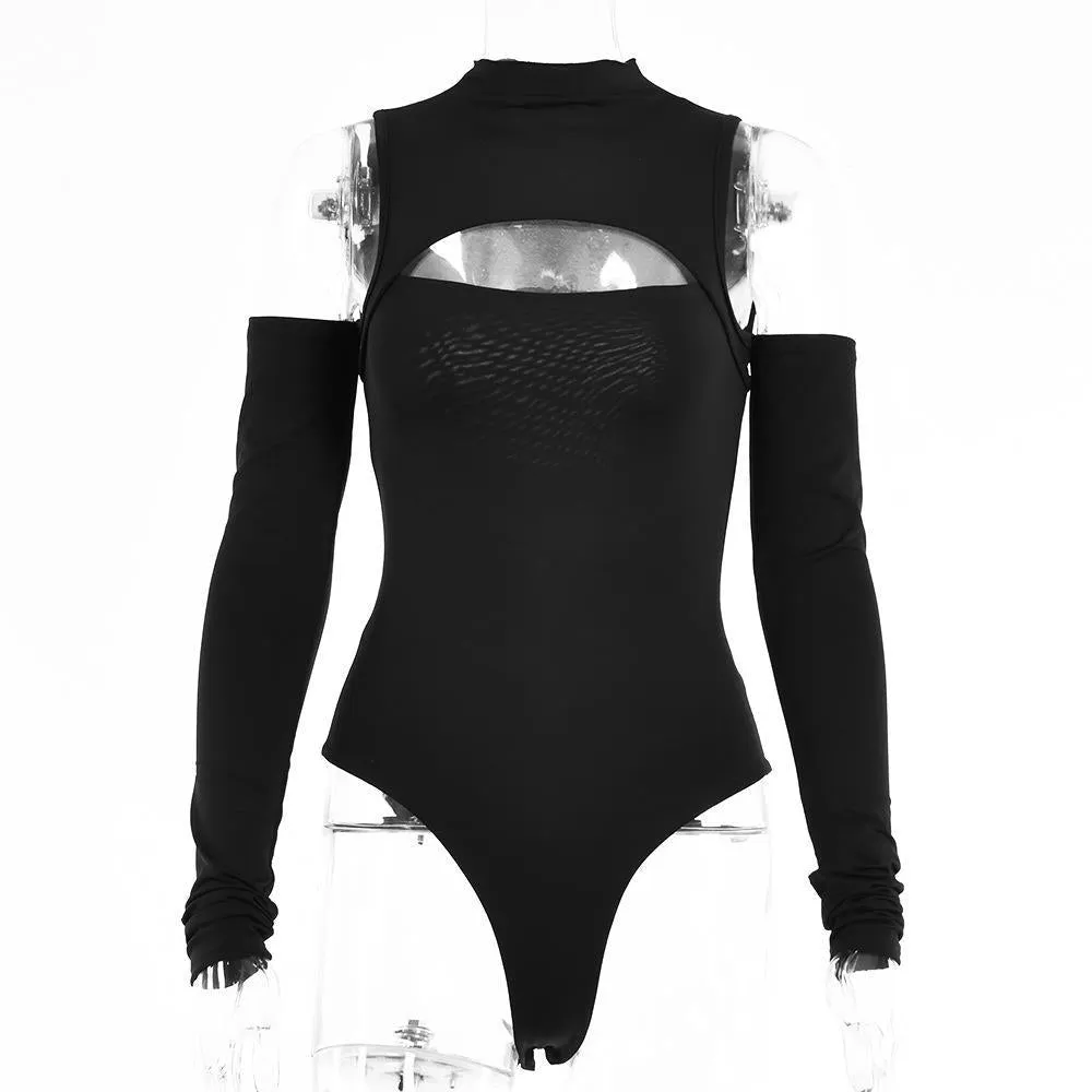 Hollow Out Base Shirt with Half High Collar Long Sleeves and Open Back Shoulder Bodysuit