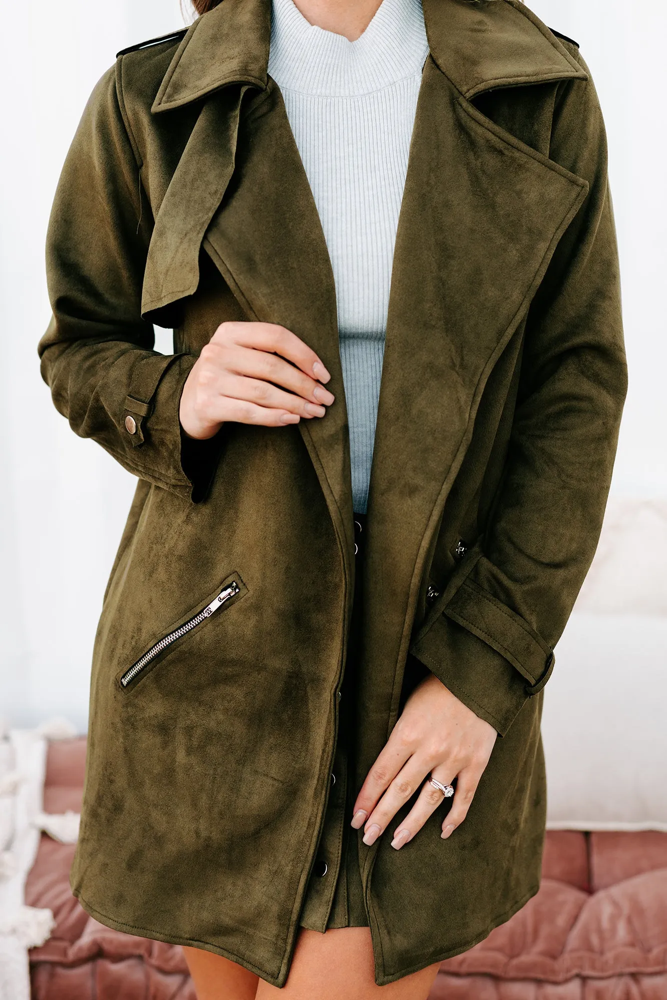 In The Trenches Faux Suede Coat (Olive)