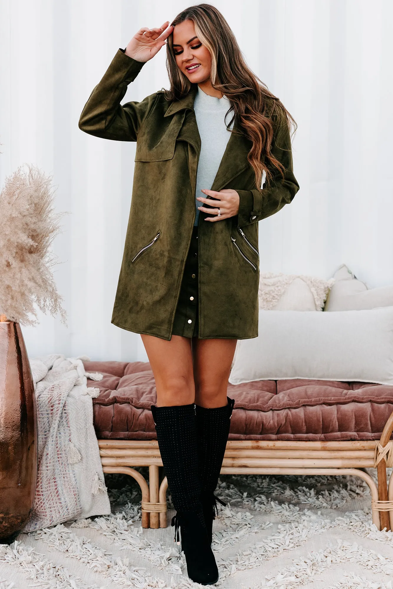 In The Trenches Faux Suede Coat (Olive)