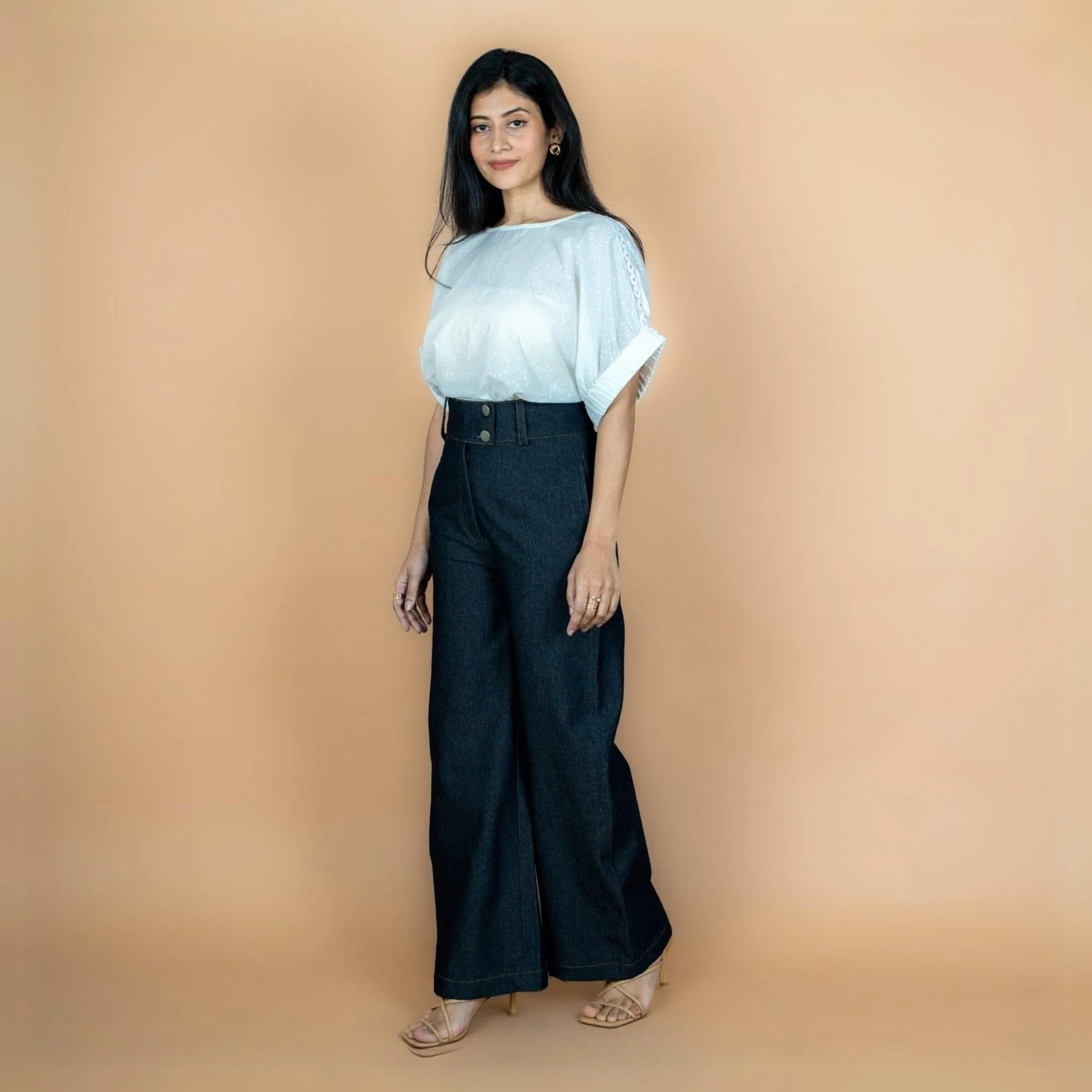 Indigo Cotton Denim High-Rise Flared Wide Legged Pant