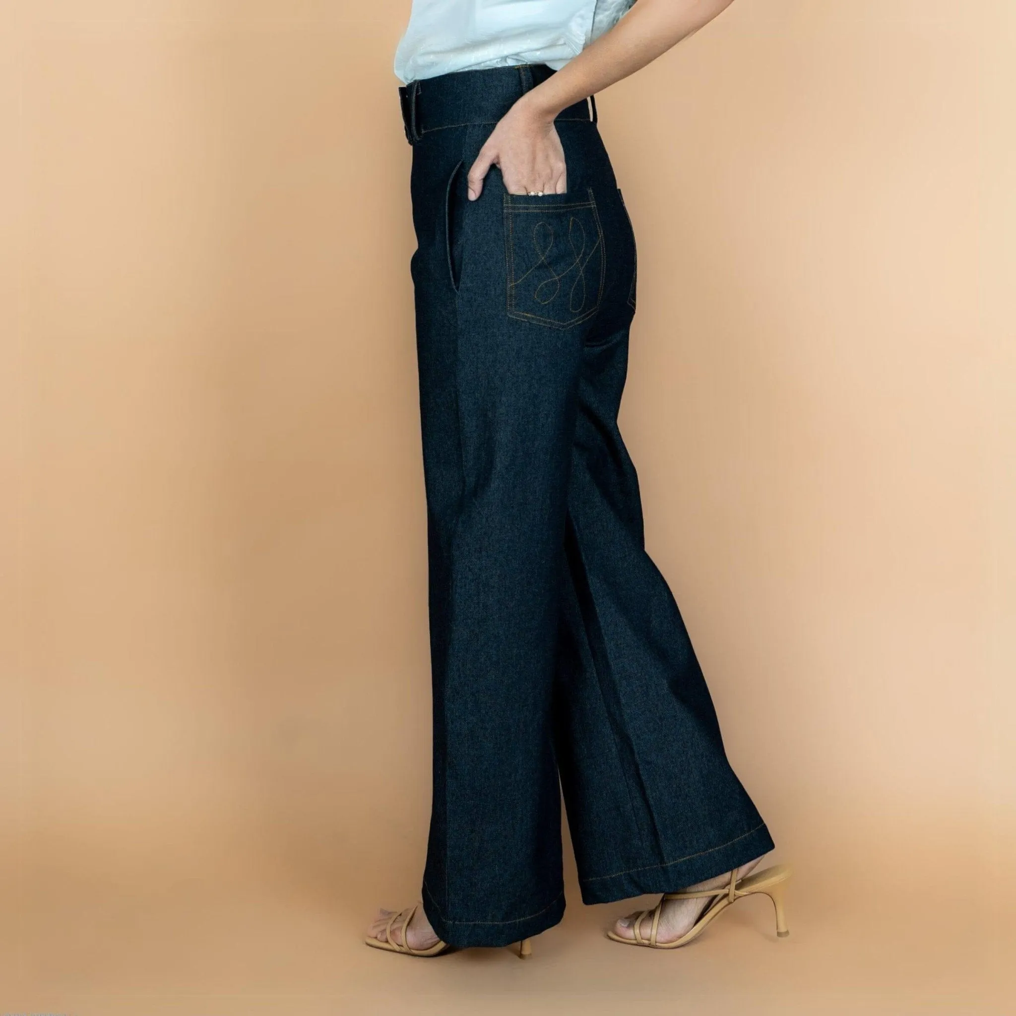 Indigo Cotton Denim High-Rise Flared Wide Legged Pant