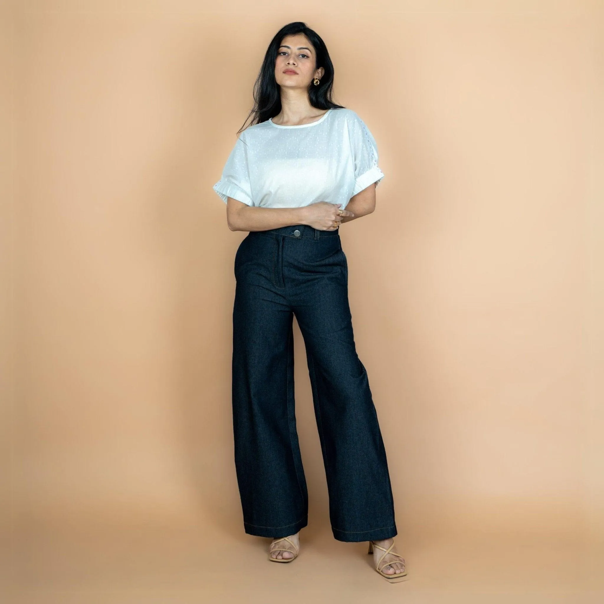 Indigo Cotton Denim High-Rise Flared Wide Legged Pant