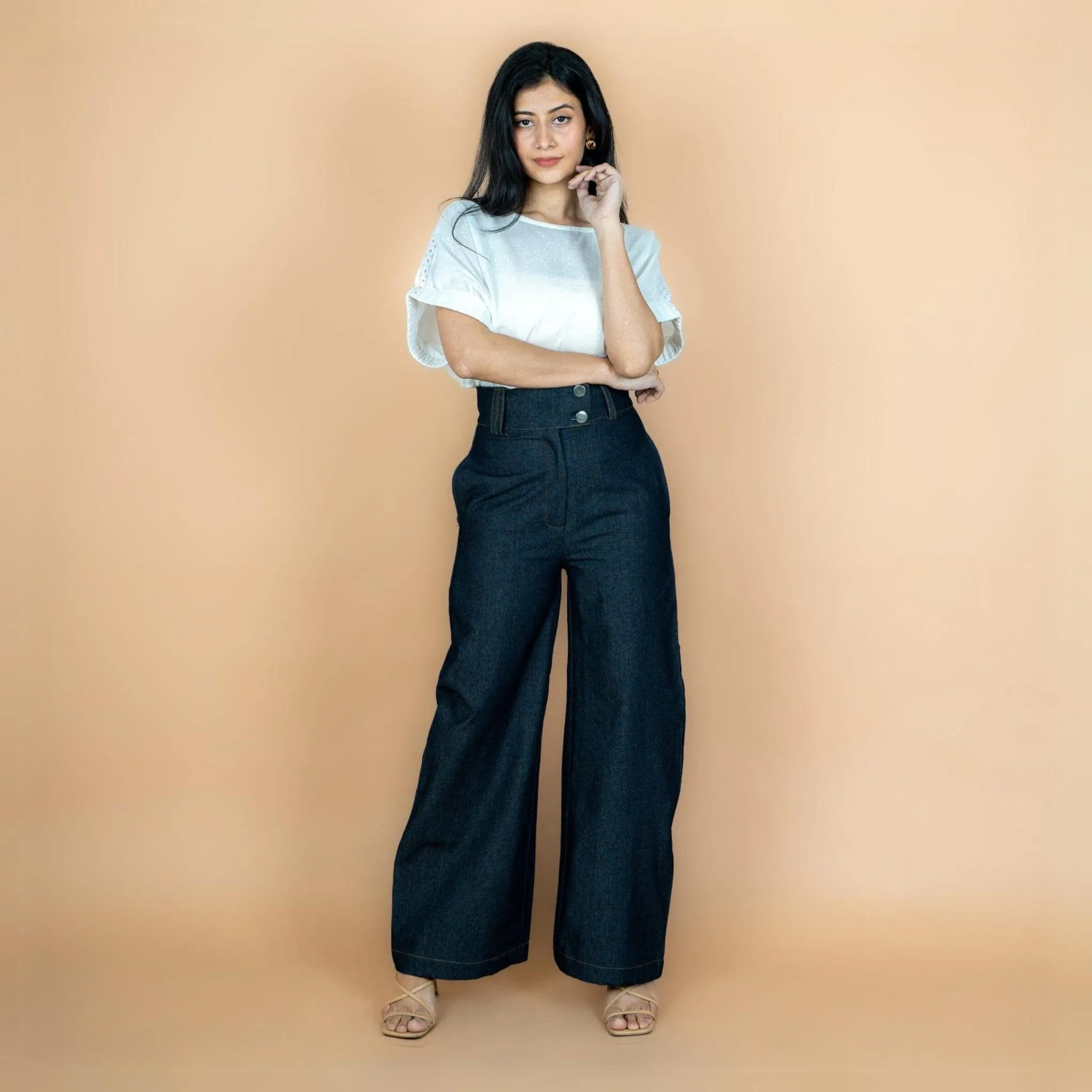 Indigo Cotton Denim High-Rise Flared Wide Legged Pant