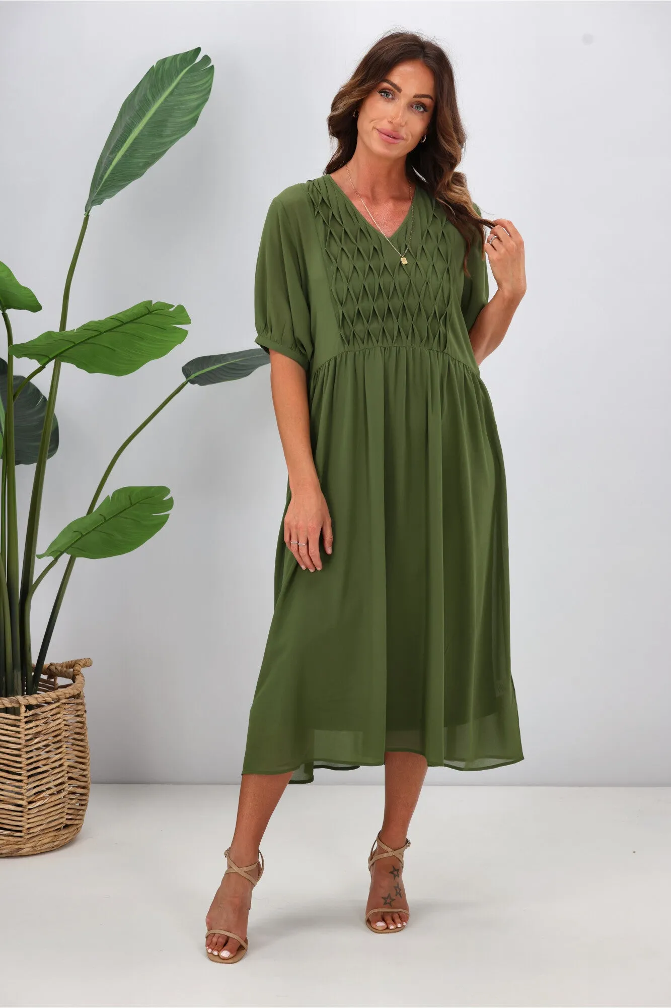 Jane James Jasmine Smocking Front Dress Olive