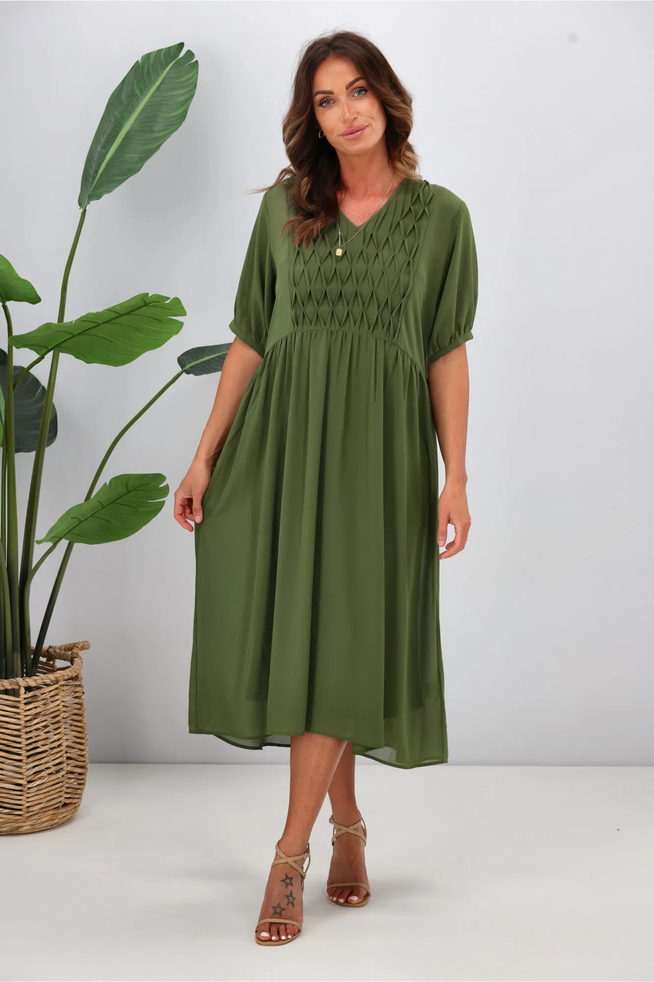 Jane James Jasmine Smocking Front Dress Olive