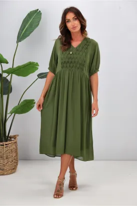 Jane James Jasmine Smocking Front Dress Olive