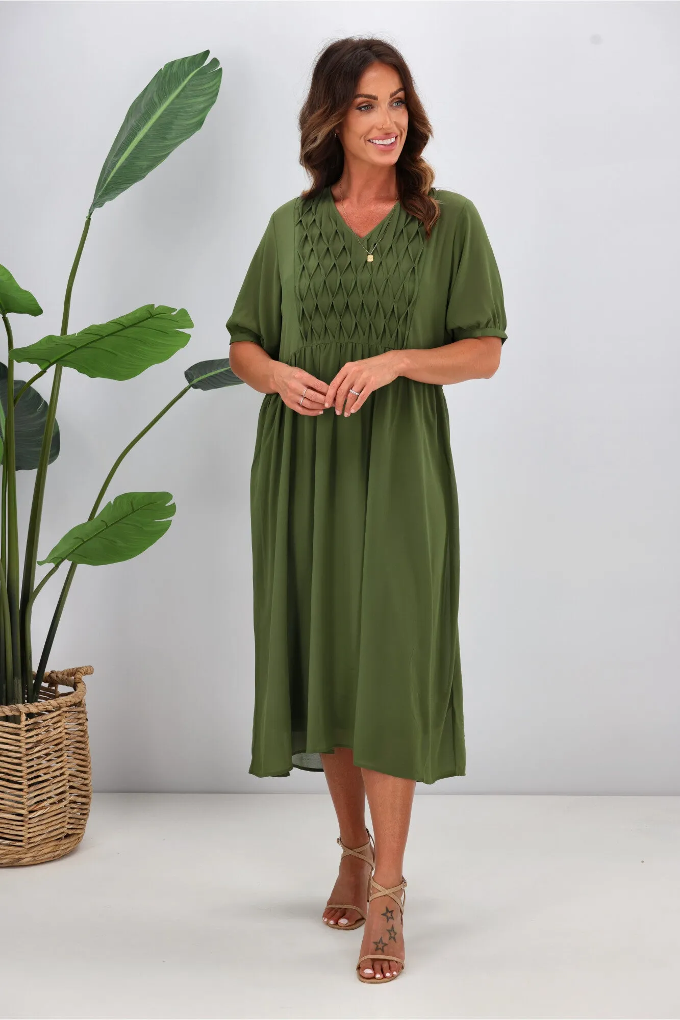 Jane James Jasmine Smocking Front Dress Olive