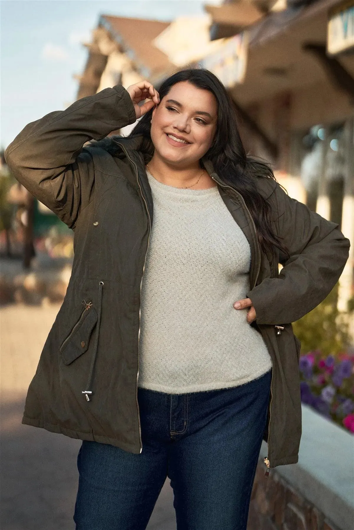 Junior Plus Size Reversible Olive Dyed Vegan Fur Double-Sided Cotton Twill Parka & Puffer Jacket /1-1-1