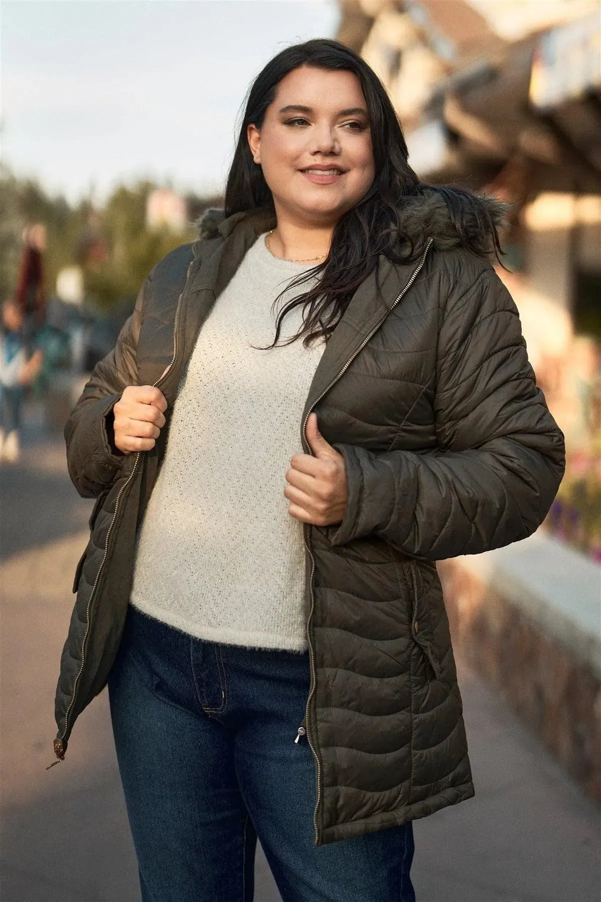 Junior Plus Size Reversible Olive Dyed Vegan Fur Double-Sided Cotton Twill Parka & Puffer Jacket /1-1-1