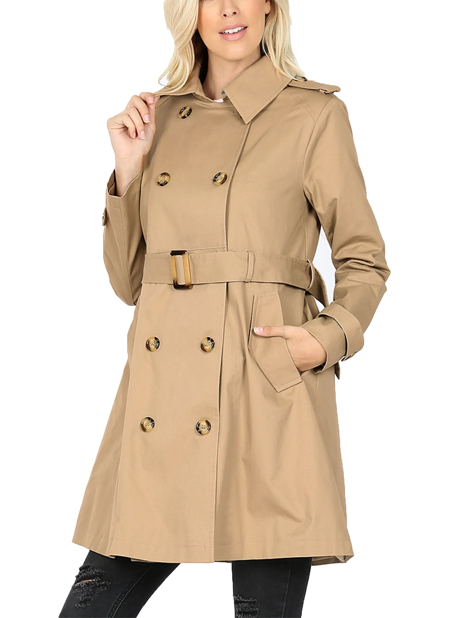 KOGMO Women's Double Breasted Trench Coat Jacket with Waist Belt