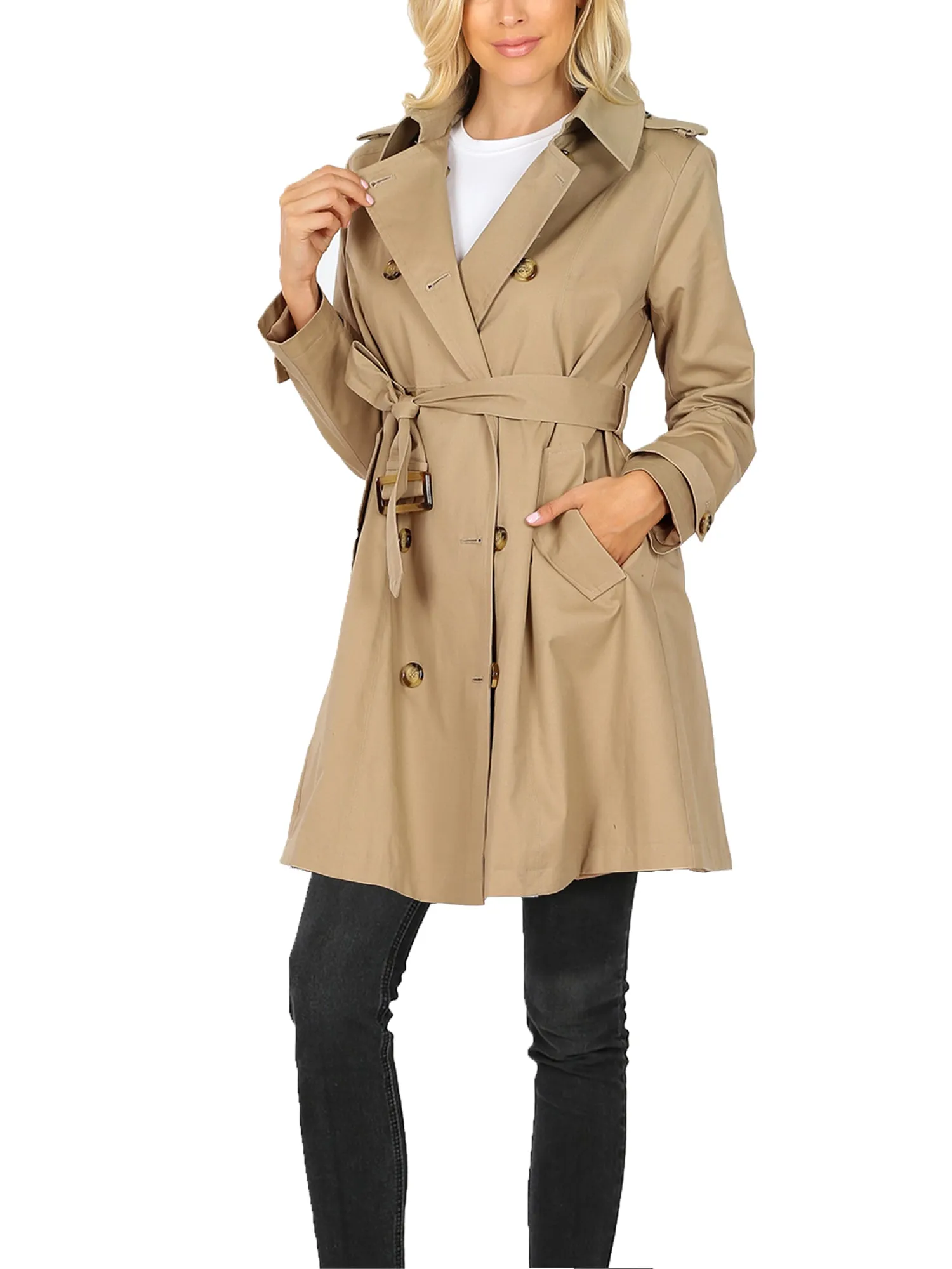 KOGMO Women's Double Breasted Trench Coat Jacket with Waist Belt