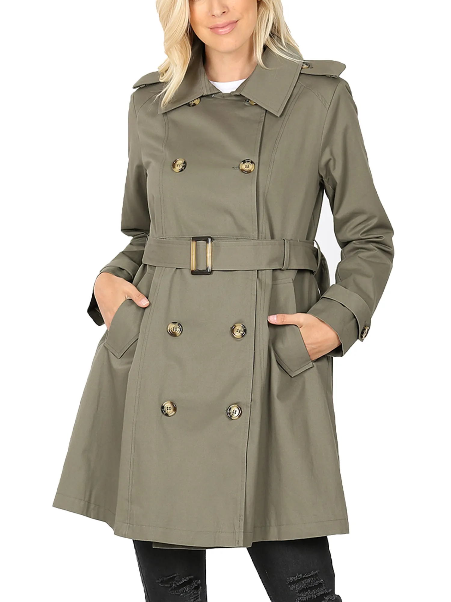 KOGMO Women's Double Breasted Trench Coat Jacket with Waist Belt