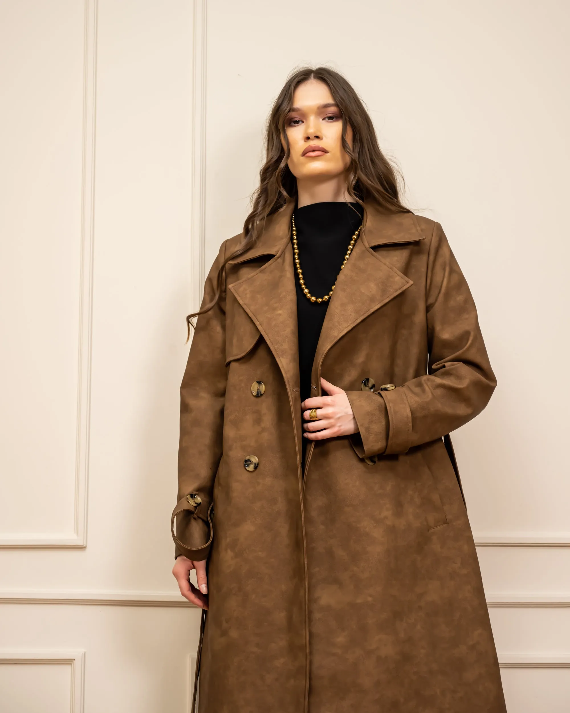 LEATHER TRENCH COAT-BROWN