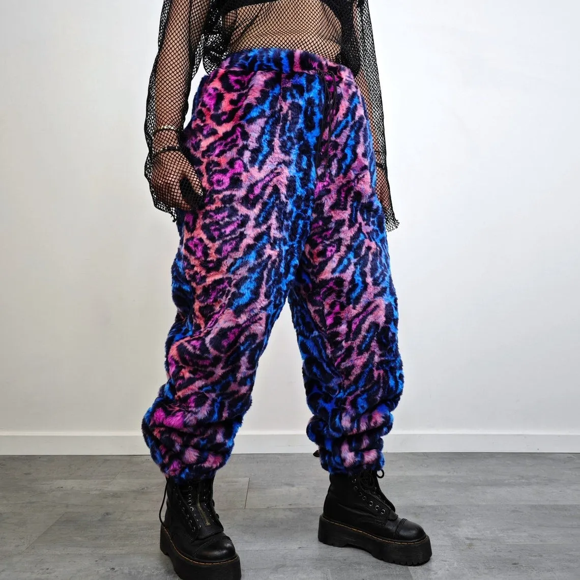 Leopard faux fur joggers blue neon trousers animal print pants festival overalls long furry bottoms jaguar shorts lynx fluffy burning man