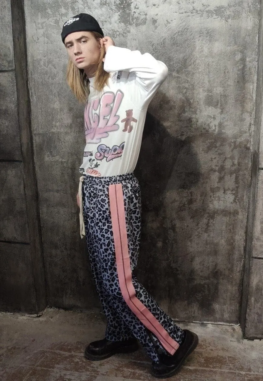 Leopard print joggers side zip y2k overalls in grey pink